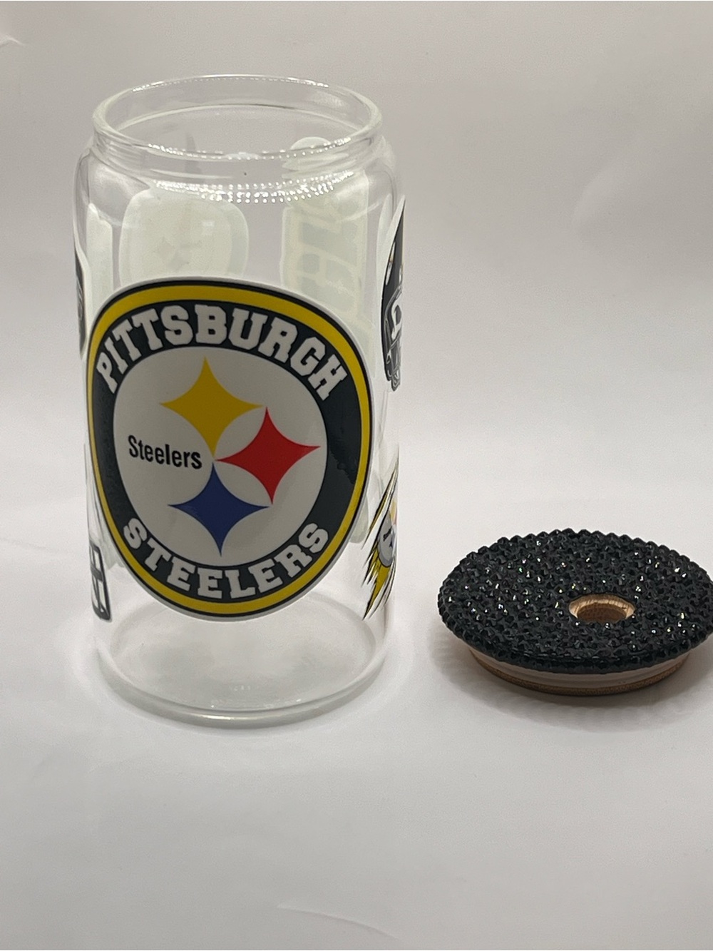 Clear Glass Drinking Jar with Black Beaded Lid - Picture 2 of 3